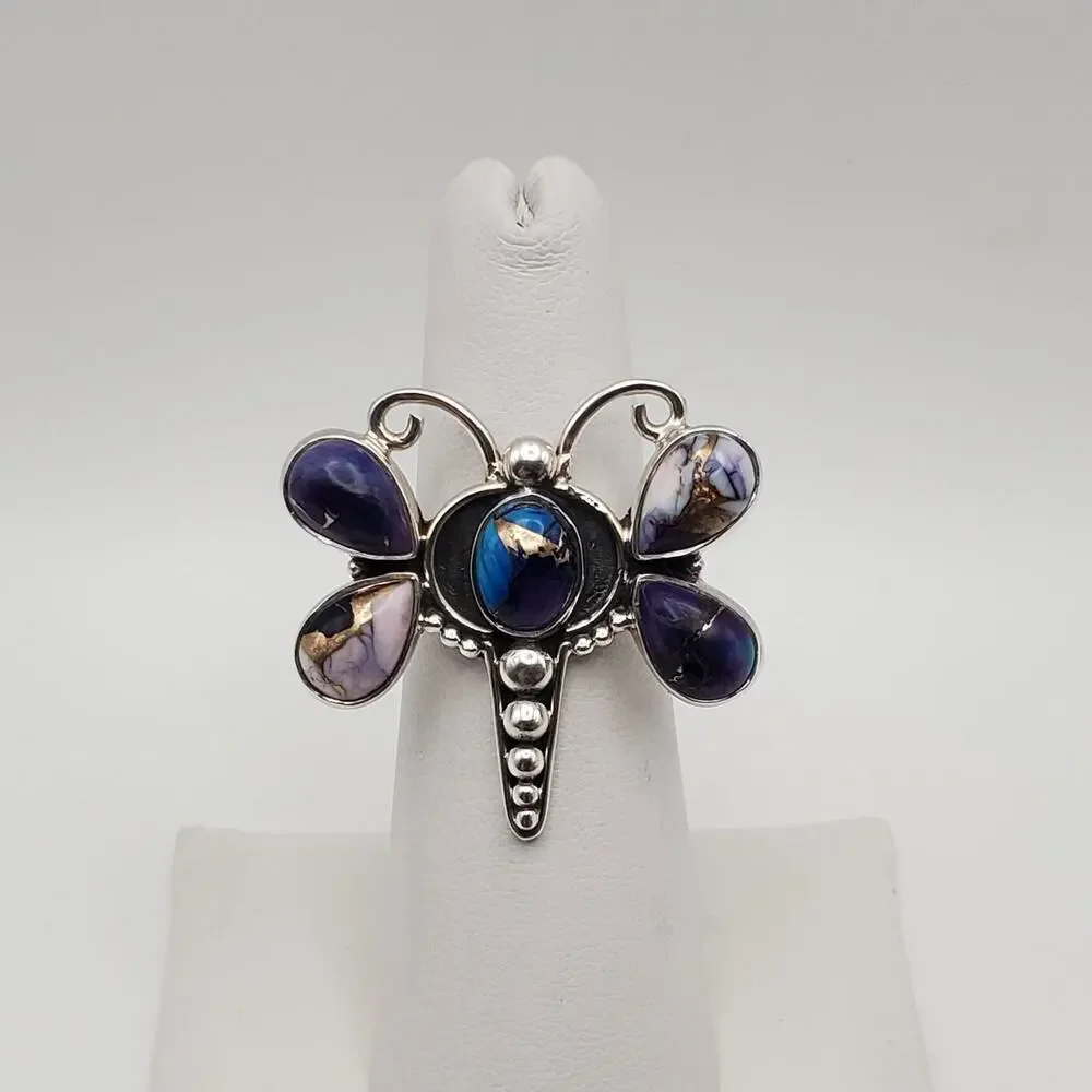 Purple Dahlia Turquoise Sterling 925 Southwestern Dragonfly Ring Size 6.5